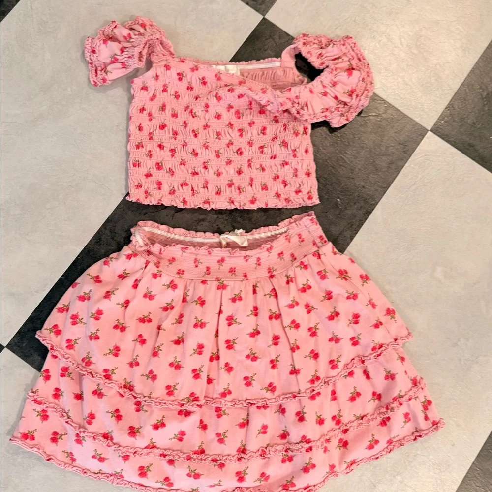 LoveShackFancy Pink Floral Smocked Crop Top & Tiered Skirt Set